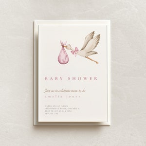 Plantilla de invitación imprimible editable para baby shower Cigüeña bebé en manta Baby Shower boho de niña Futura mamá bebé en flor Invitación de Hello Baby