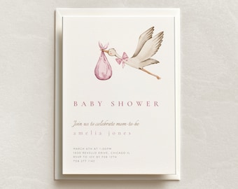 Editable Baby Shower Printable Invitation Template Stork Baby In Blanket Boho Baby Girl Shower Mom To Be Baby In Bloom Hello Baby Invite