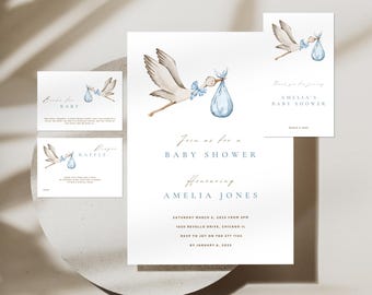 Baby Shower Printable Bundle Invitation Template Thank You Card Diaper Raffle Baby Shower Games Minimalist Boho Baby Shower Boy Stork Invite