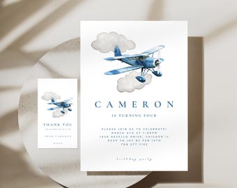 May include: Blue and white airplane birthday invitation with clouds. The invitation says "Cameron is turning four" and includes the date, time, and location of the party. It also includes a thank you card with a smaller image of the airplane.