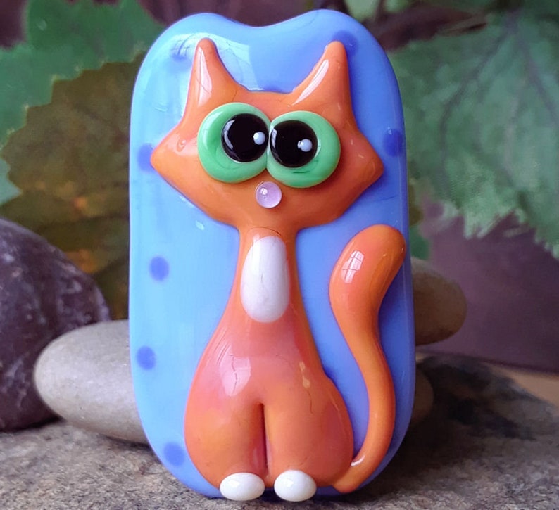 Handmade Glass Lampwork Bead; Fun; Whimsical; Kitty Cat Bead Cute Orange and Ivory Cat on Periwinkle