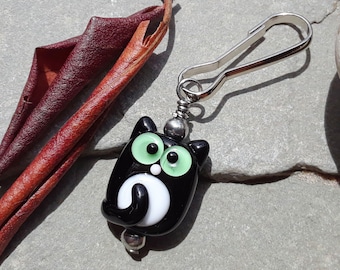 Sweet Black & White Cat Lampwork Zipper Pull | Zipper Pull Charm | Beaded Zipper Pull | Purse Zipper Pull | Zipper Pull Accessory | Handmade