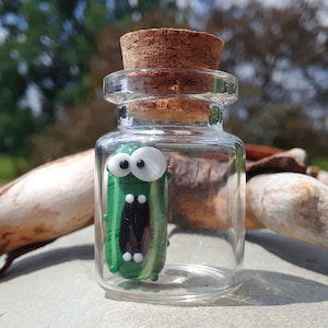 Miniature Glass Screaming Pickle in a Bottle: Handmade Kawaii Figurine | Glass Art