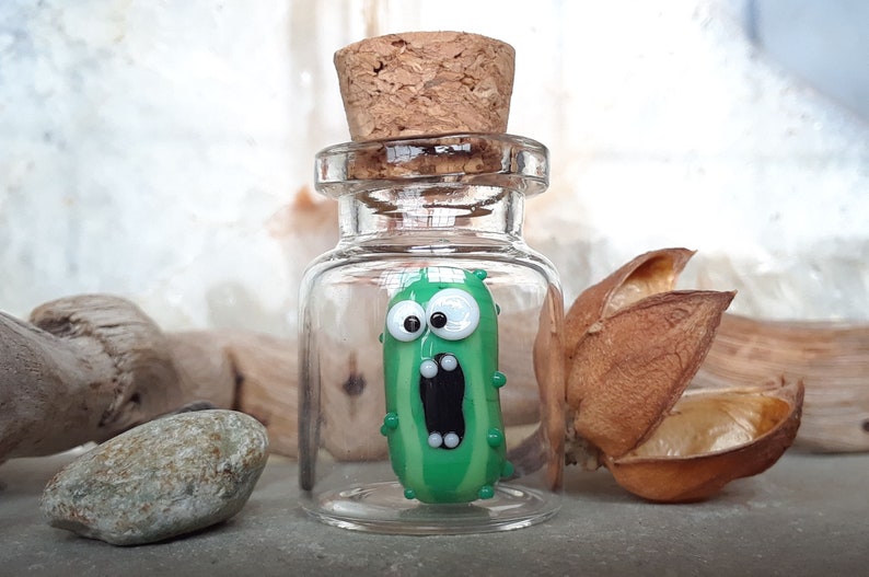 Miniature Glass Screaming Pickle in a Bottle Cute Tiny Pickle Handmade Glass Pickle Kawaii Pickle Cute Collectable Glass image 1