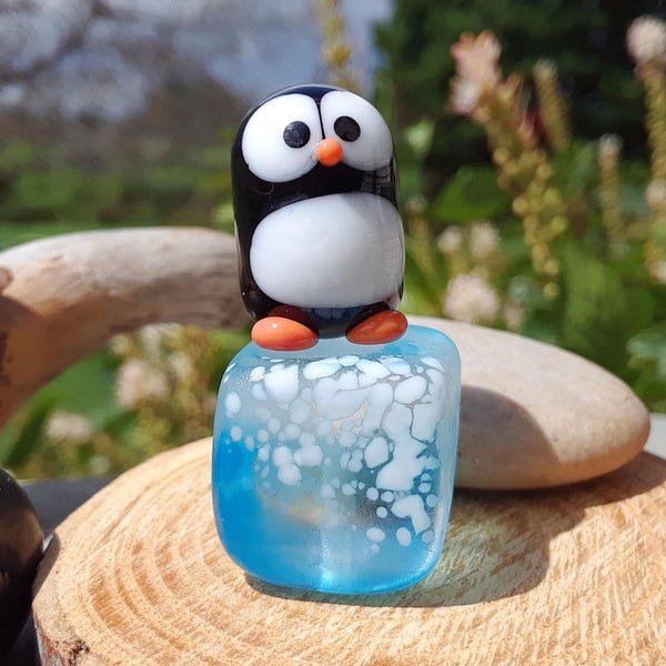 Handmade Miniature Glass Penguin Figurine on Ice Cube | Glass Art | Lampwork