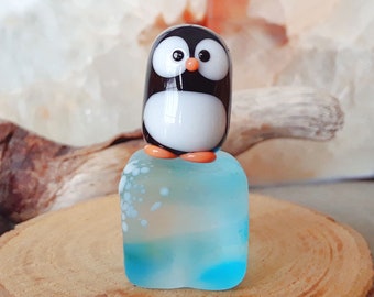 Miniature Glass Penguin Sitting on an Ice Cube | Tiny Glass Penguin | Handmade Glass Penguin Figurine | Cute Glass Collectables