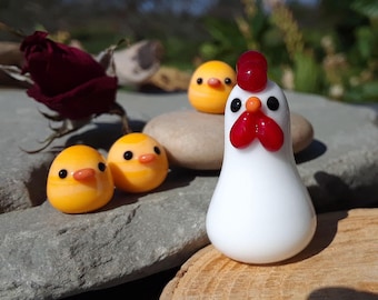 Handmade Miniature Glass Chicken Family | Art Glass Figurines, Set of 4