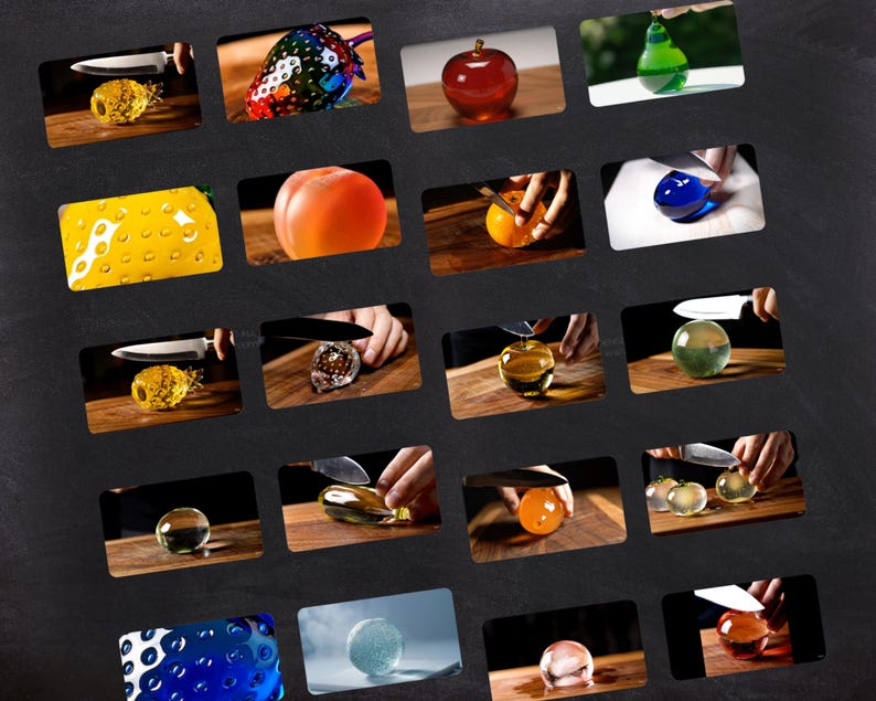 May include: A collection of glass fruit sculptures, including an apple, pear, and pineapple, are displayed. Each piece is shown being cut with a knife, showcasing the internal design and texture of the glass art.