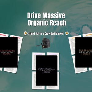 May include: A digital marketing guide with the title "Drive Massive Organic Reach" and the tagline "Stand Out in a Crowded Market". The guide is divided into three sections: "Heartwarming Viral Video Hooks", "Controversial Viral Video Hooks", and "Surprising Viral Video Hooks".