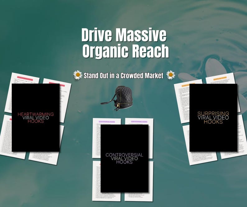 May include: A digital marketing guide with the title "Drive Massive Organic Reach" and the tagline "Stand Out in a Crowded Market". The guide is divided into three sections: "Heartwarming Viral Video Hooks", "Controversial Viral Video Hooks", and "Surprising Viral Video Hooks".