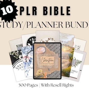 May include: A bundle of 10 PLR Bible study and planner books. The central book features a floral design with the word "Christian" on the cover. The image includes the text "500 Pages With Resell Rights".