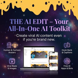 Może przedstawiać: Obraz promocyjny dla "THE AI EDIT - Your All-In-One AI Toolkit". Obraz przedstawia laptopa i smartfona wyświetlające interfejs zestawu narzędzi, z ikonami dla awatarów, rolek, podpisów i aplikacji AI. Tło jest ciemne i kosmiczne.