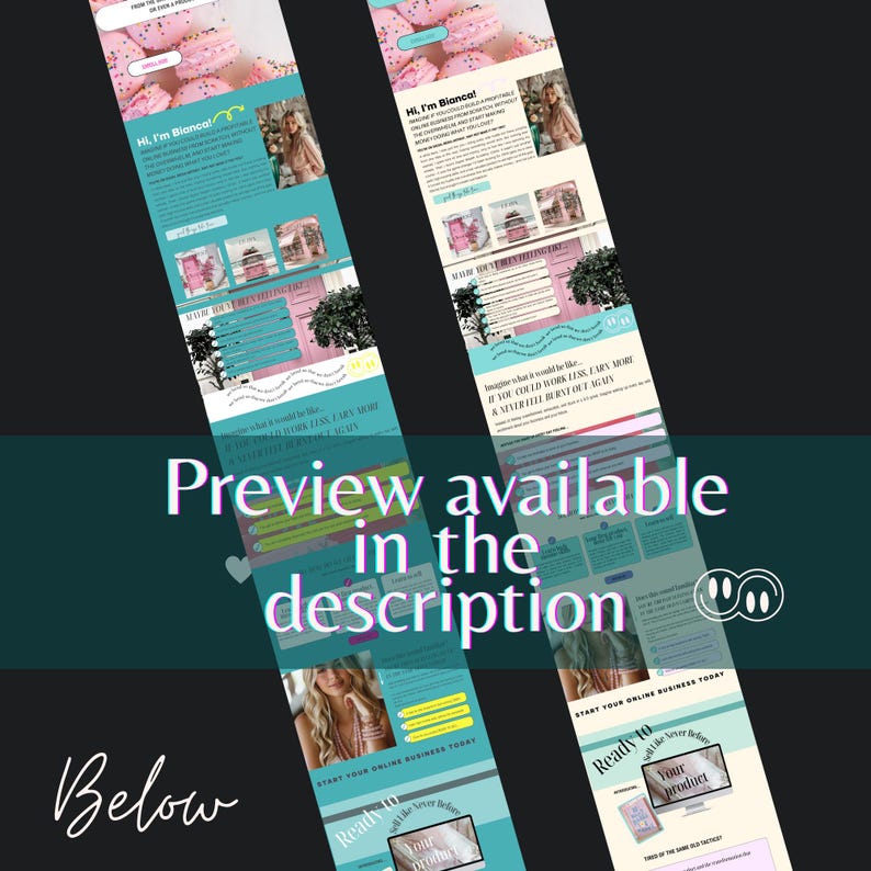 K&ouml;nnte beinhalten: Zwei Website-Mockups in T&uuml;rkis und Rosa. Der Text "Hi, I'm Bianca!" ist sichtbar, zusammen mit dem Satz "Preview available in the description" und "Ready to... Your product". Das Gesamtthema ist Online-Business.