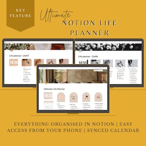 May include: A screenshot of a Notion Life Planner template, showing a calendar, to-do lists, and other features. The template is available in both light and dark mode. The text on the screen reads "Ultimate Notion Life Planner".