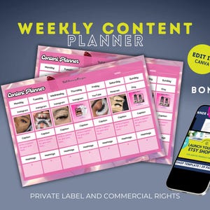May include: Pink weekly content planner with a grid layout for social media posts. The planner includes sections for Instagram, YouTube, and Etsy. A smartphone displays a digital product kit. The text reads "Weekly Content Planner".