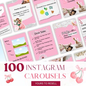 Puede incluir: Plantilla de diseño gráfico rosa y blanco para carruseles de Instagram. La plantilla presenta una variedad de imágenes y texto, incluyendo una cereza, una flor, un libro y una copa de vino. El texto en la plantilla incluye las palabras "Drive Sales", "FAQs", "Practice Gratitude" y "100 Instagram Carousels".