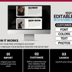 May include: A computer screen displaying a website design template with the text "SEO Strategy" and "Content Creation". The text "100% Editable in Systeme.io" is displayed on the right side of the image. Below the computer screen, the text "How it Works" is displayed with instructions on how to create a free account, read through the instruction PDF for setup help, import a new funnel, customise the website, and launch a shop.