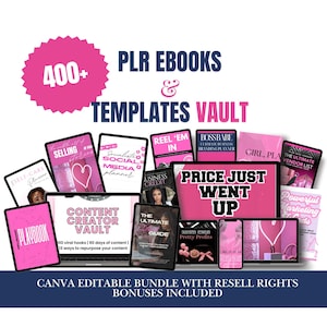 May include: A collection of digital products, including ebooks and templates, with a pink and white color scheme. The image features a laptop, tablets, and phones displaying various titles such as "Content Creator Vault" and "The Ultimate Guide". Text includes "400+ PLR Ebooks & Templates Vault".