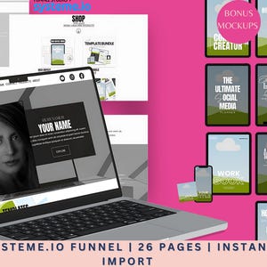 May include: A laptop displaying a website template with a woman's image and the text "YOUR NAME". The image also shows mockups of digital products, including a workbook and social media planner. The background is pink.