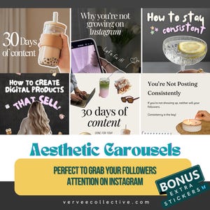 Peut inclure: Un collage d'images promouvant un plan de contenu de 30 jours pour Instagram. Les images présentent une variété d'éléments esthétiques, notamment du bubble tea, un ordinateur portable, un verre d'eau avec une tranche de citron et une bougie. Le texte sur les images comprend "30 jours de contenu", "Comment rester cohérent", "Pourquoi vous ne grandissez pas sur Instagram" et "Comment créer des produits numériques qui se vendent".