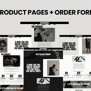 May include: Four black and white product pages with the text "Click Mastery" and "A done-for-you digital product you can resell for 100% profit". Each page features a different product image and a call to action to order.