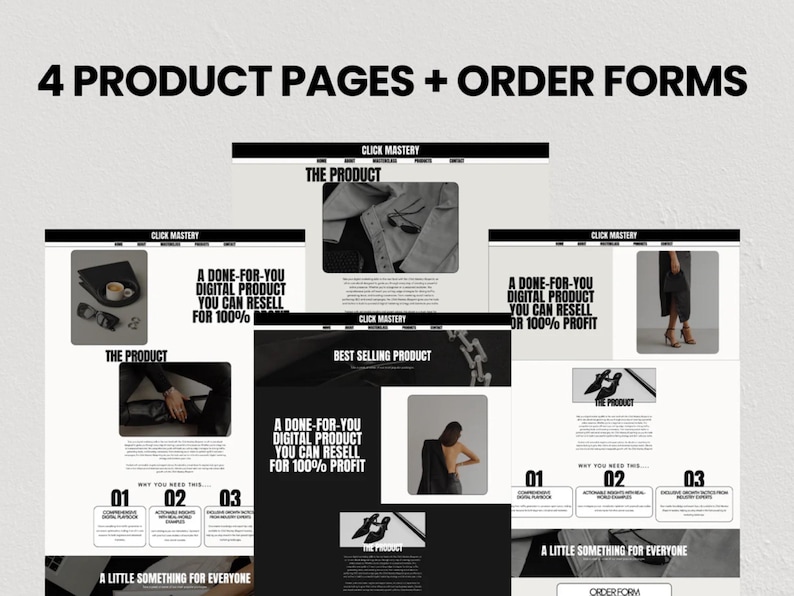 May include: Four black and white product pages with the text "Click Mastery" and "A done-for-you digital product you can resell for 100% profit". Each page features a different product image and a call to action to order.