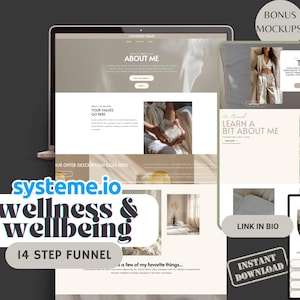May include: A digital mockup featuring a laptop and tablet displaying a website design with the text "About Me" and "Your Values Go Here." The image includes the text "systeme.io wellness & wellbeing 14 STEP FUNNEL" and "Instant Download."