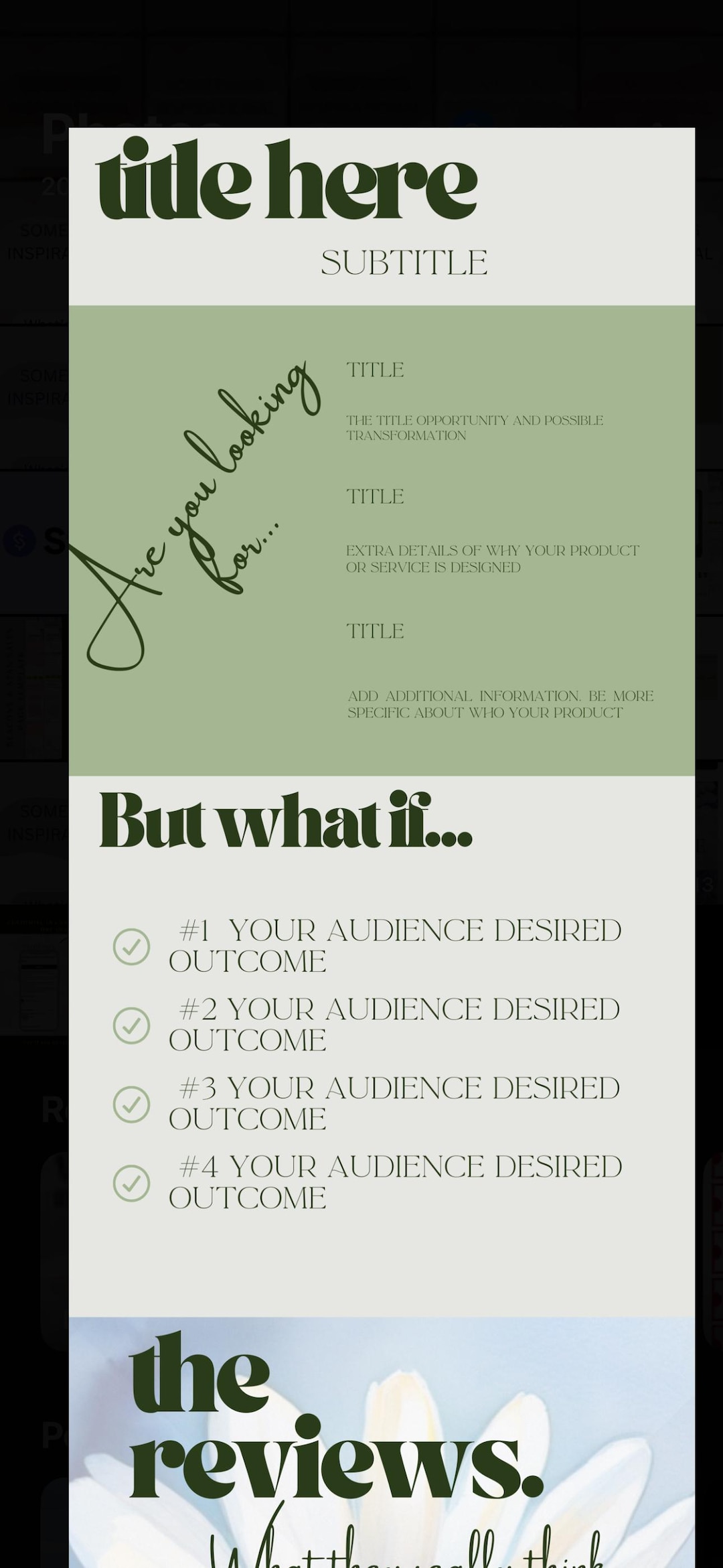 A section of the Daisy theme sales page in sage green, with headline and benefit list.