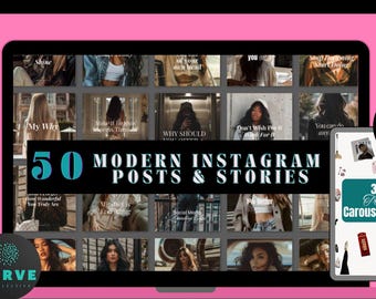 50 publicaciones modernas y ambiciosas para Instagram para emprendedores / Plantillas de carrusel de lujo / PLR MRR / Paquete editable para redes sociales en Canva