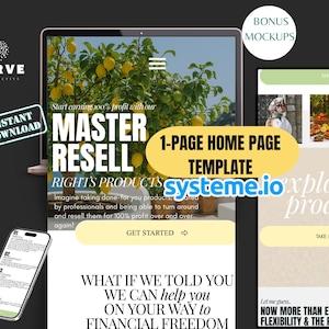 May include: A digital marketing graphic with the text "MASTER RESELL" and "1-PAGE HOME PAGE TEMPLATE". The image includes a laptop, a smartphone, and a bonus mockups circle. The background is dark gray.