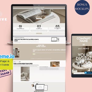 Può includere: Un laptop e un tablet mostrano un design di sito web con il testo "Your Digital Era Is Here". Il sito web presenta una palette di colori neutri e include le parole "Company Name" e "100% Profit". Uno striscione giallo recita "Sales Page & Order Form".