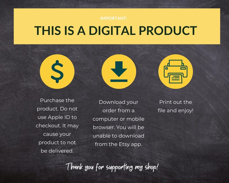 An informational graphic on a dark chalkboard background with yellow accents and three steps explaining that this is a digital product, how to download it, and a thank you note.