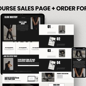 May include: A black and white website mockup for a course sales page. The page features a black background with white text and images. The text includes the words "Click Mastery", "Take a Look Inside", "Join the Offer Today", and "Order Form". The images include a woman wearing black boots and a black dress, and a laptop computer.