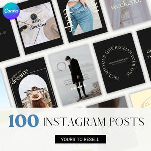 Puede incluir: Un conjunto de 100 plantillas de publicaciones de Instagram con una estética en blanco y negro. Las plantillas presentan varios diseños, incluyendo superposiciones de texto como "daily checklist" y "follow your dreams". También se incluye el texto "Yours to Resell".