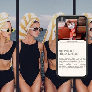 K&ouml;nnte beinhalten: Vier Frauen mit Sonnenbrillen und schwarzen Badeanz&uuml;gen, mit gelb-wei&szlig; gestreiften Handt&uuml;chern auf dem Kopf. Ein Smartphone zeigt Text an: "ADD YOUR TITLE HERE" und "ADD IN YOUR SUBTOPIC HERE".