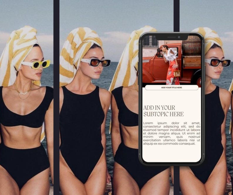 K&ouml;nnte beinhalten: Vier Frauen mit Sonnenbrillen und schwarzen Badeanz&uuml;gen, mit gelb-wei&szlig; gestreiften Handt&uuml;chern auf dem Kopf. Ein Smartphone zeigt Text an: "ADD YOUR TITLE HERE" und "ADD IN YOUR SUBTOPIC HERE".