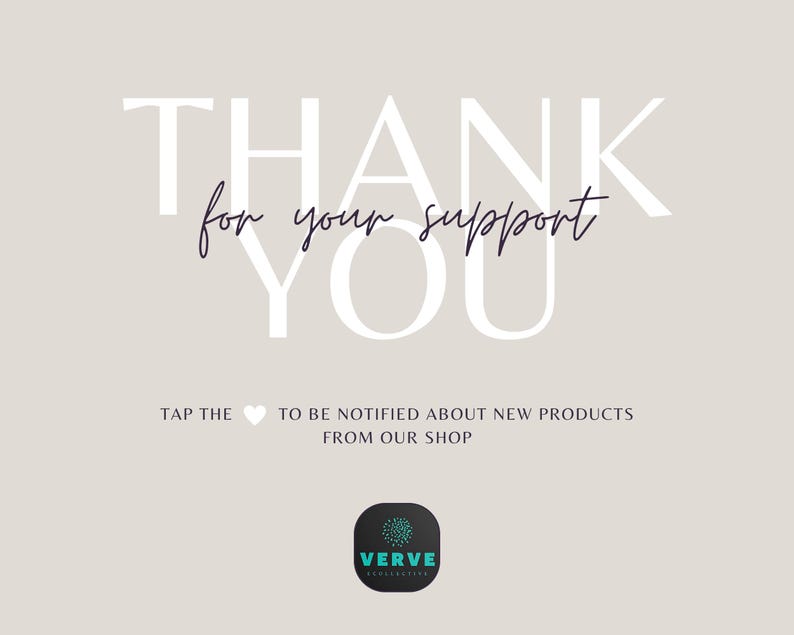 Pode incluir: Gr&aacute;fico bege com as palavras "THANK YOU" em letras brancas grandes e "for your support" em it&aacute;lico. O texto "TAP THE" e "TO BE NOTIFIED ABOUT NEW PRODUCTS FROM OUR SHOP" tamb&eacute;m est&atilde;o presentes. Um logotipo est&aacute; na parte inferior.