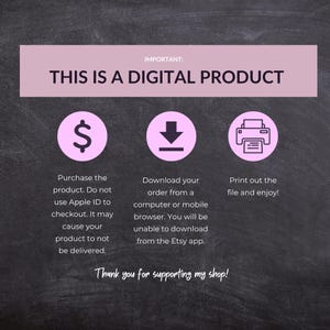 Op de afbeelding: Een digitale productaankondiging op een donkergrijze achtergrond. De tekst luidt: "BELANGRIJK: DIT IS EEN DIGITAAL PRODUCT." Instructies omvatten aankoop, downloaden en afdrukken. Roze cirkelvormige pictogrammen met een dollarteken, downloadpijl en printer.