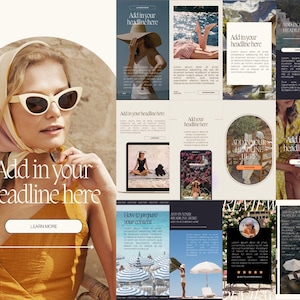 K&ouml;nnte beinhalten: Eine Collage von Lifestyle-Bildern mit dem Text "Add in your headline here" und "Learn More". Die Bilder zeigen eine Frau mit Sonnenbrille, Strandszenen und Produkt-Mockups. Das Gesamtthema ist ein Sommer- oder Urlaubs-Lifestyle.