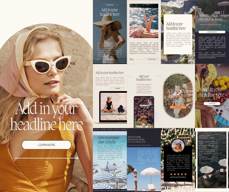 K&ouml;nnte beinhalten: Eine Collage von Lifestyle-Bildern mit dem Text "Add in your headline here" und "Learn More". Die Bilder zeigen eine Frau mit Sonnenbrille, Strandszenen und Produkt-Mockups. Das Gesamtthema ist ein Sommer- oder Urlaubs-Lifestyle.