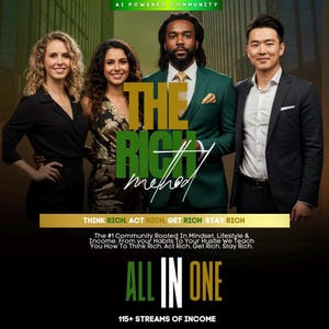 Op de afbeelding: Afbeelding met vier personen in zakelijke kleding. De tekst "THE RICH method" is prominent aanwezig. De tekst "THINK RICH. ACT RICH. GET RICH. STAY RICH." en "ALL IN ONE" met "115+ STREAMS OF INCOME" zijn ook zichtbaar.