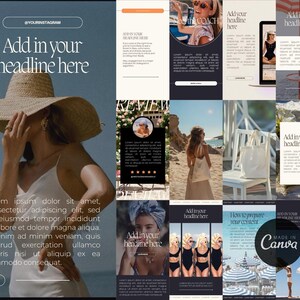K&ouml;nnte beinhalten: Eine Collage von Instagram Story-Vorlagen mit Strand-Thema. Die Vorlagen enthalten Text&uuml;berlagerungen wie "Add in your headline here" und "How to prepare your content". Das Bild zeigt auch eine Frau mit Sonnenhut und ein "Made in Canva"-Logo.