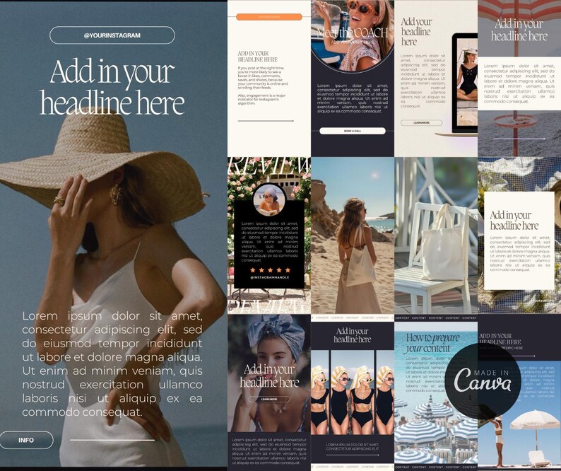 K&ouml;nnte beinhalten: Eine Collage von Instagram Story-Vorlagen mit Strand-Thema. Die Vorlagen enthalten Text&uuml;berlagerungen wie "Add in your headline here" und "How to prepare your content". Das Bild zeigt auch eine Frau mit Sonnenhut und ein "Made in Canva"-Logo.