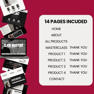 May include: A mockup of a website with 14 pages, including a home page, about page, all products page, masterclass page, product pages, and a contact page. The website is for a digital marketing course called "Click Mastery".