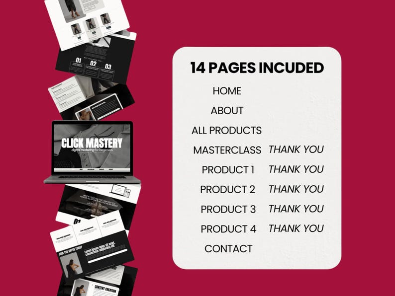 May include: A mockup of a website with 14 pages, including a home page, about page, all products page, masterclass page, product pages, and a contact page. The website is for a digital marketing course called "Click Mastery".