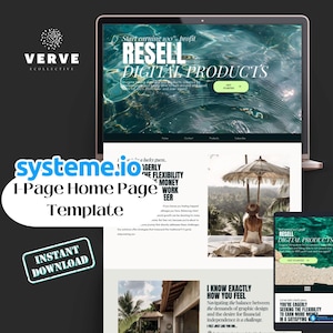 May include: A laptop and tablet display a website design with the text "RESELL DIGITAL PRODUCTS." The image also includes the text "systeme.io 1-Page Home Page Template" and "INSTANT DOWNLOAD."