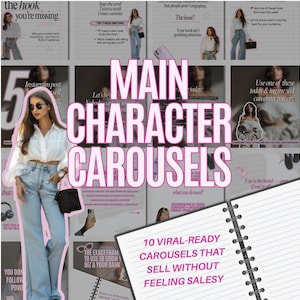 Puede incluir: Gráfico de marketing digital con el texto "Main Character Carousels" en rosa. La imagen incluye un cuaderno con el texto "10 Carruseles Virales Que Venden Sin Sentirse Vendedor."