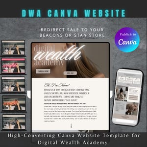 Può includere: Un modello di sito web Canva per un'accademia di ricchezza digitale. Il modello presenta il viso di una donna con il testo "digital wealth academy" in una casella bianca con un contorno rosa. Il testo "Enroll Now" è in una casella bianca con un contorno rosa. Il testo "Hi I'm Name!" è in una casella bianca con un contorno rosa. Il testo "Imagine if you could build a profitable online business from scratch, without the overwhelm, and start making money doing what you love?" è in una casella bianca con un contorno rosa. Il testo "You're on social media anyway, why not make it pay you?" è in una casella bianca con un contorno rosa. Il testo "Publish in Canva" è in una casella bianca con un contorno rosa.