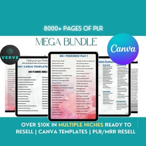 May include: A digital product bundle featuring 8000+ pages of PLR Canva templates. The image displays multiple tablet screens showcasing lists of planner titles, including 2024 planners, journals, and trackers, with a pink watercolor background.