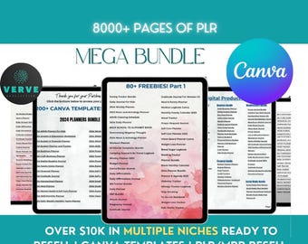 May include: A digital product bundle featuring 8000+ pages of PLR Canva templates. The image displays multiple tablet screens showcasing lists of planner titles, including 2024 planners, journals, and trackers, with a pink watercolor background.